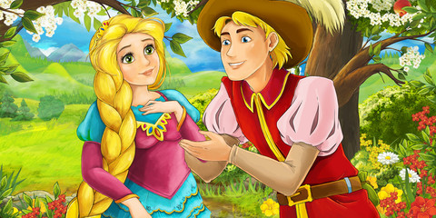 Cartoon scene of loving couple in the garden - illustration for children