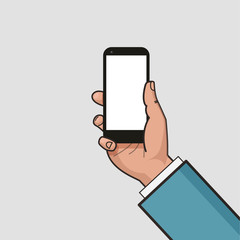 Mobile phone in businessman hand. Hand using smartphone. Mockup of modern mobile phone with touchscreen. Vector flat design.