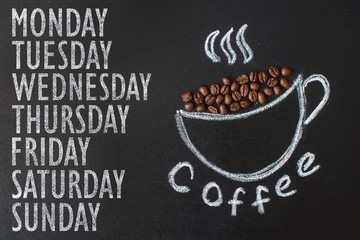 written message 7 day of week on chalk board background and cup with coffee