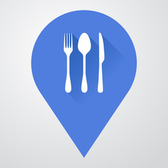 Icono plano localizacion con cubiertos con sombra