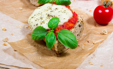 Italian bruschetta with cherry tomatoes, mozzarella & fresh basil.