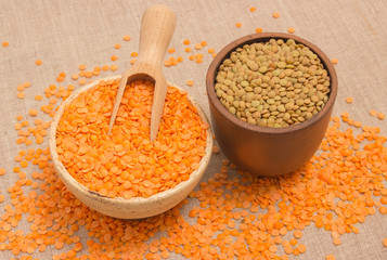 the seeds of red and green lentils on canvas