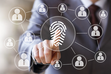 Businessman pressing modern technology panel with fingerprint print web