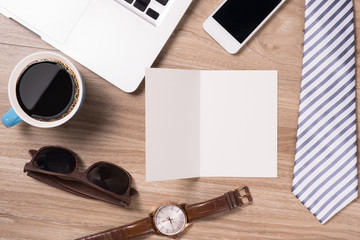 Father's day card. Business concept. Top view Office Supply on Desk.