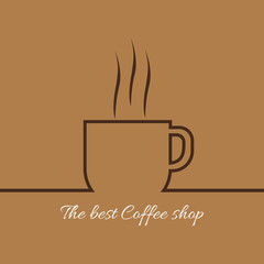 A cup of coffee with steam with the best coffee shop inscription, in outlines, over a brown background, digital vector image