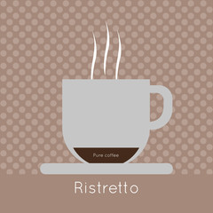 A cup of coffee with steam, pure coffee and ristretto inscriptions, in outlines, over a brown background with dots, digital vector image