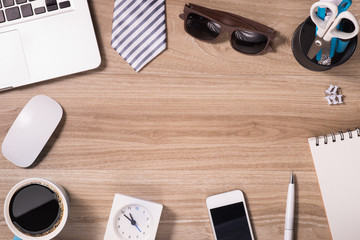 Father's day card. Business concept. Top view Office Supply on Desk.