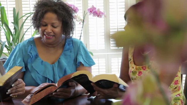 Scene moves past flowers in the foreground to three lovely ladies with Bibles engaged in pleasing conversation.