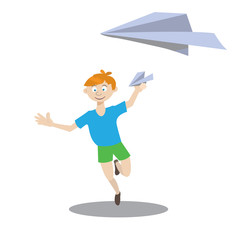 boy playing with paper airplane, flat design
