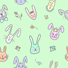 Cute bunny faces seamless pattern. Vector background
