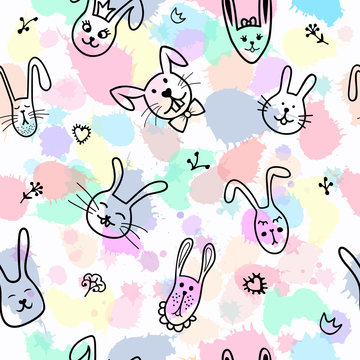 Cute bunny faces seamless pattern. Vector background