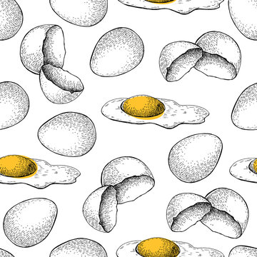 Vector seamless chicken scrambled egg pattern. Engraved style il