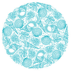 Decorative background in the shape of a circle from seashells. Vector monochrome illustration