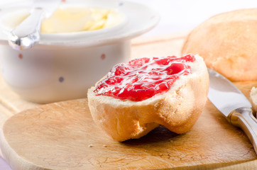 Jam buns, bread rolls with red jam, strawberry, 