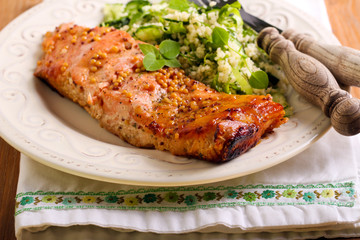 Mustard and honey glazed salmons