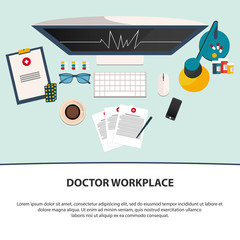 Doctor workplace. Medicine icons set in flat design style. Flat