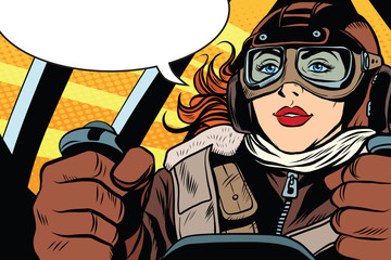 Girl retro pilot on the plane © studiostoks