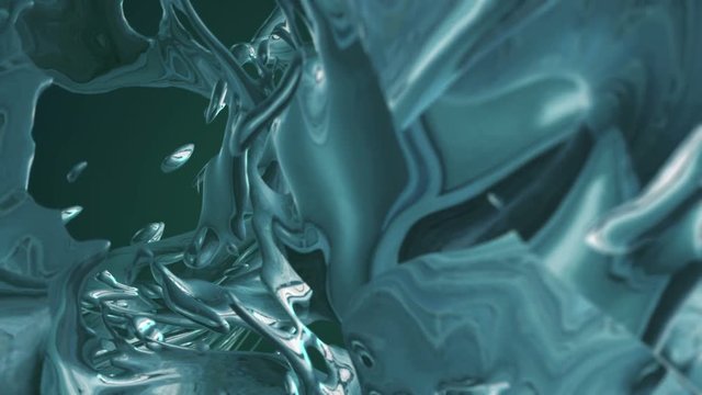 Seamless looping 3d animation of liquid deforming chrome reflecting greenish colors