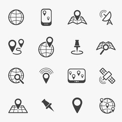 Location and navigation black line icons. Vector illustration 
