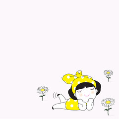 Young Pretty Girl Laying On The Daisy Flowers Field Character Paper Note illustration