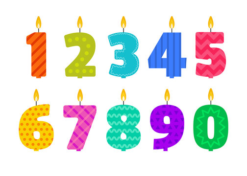 Vector flat design birthday candle set in the shape of all numbers. Burning colorful candles with different festive patterns in flat style. For anniversary party invitation, cards design, decoration.
