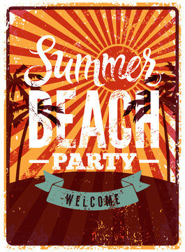 Typographic Summer Beach Party grunge retro poster design. Vector illustration. Eps 10.