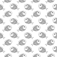 Vector seamless pattern with hand drawn fish. Doodle fish with ornament. Black and white background.