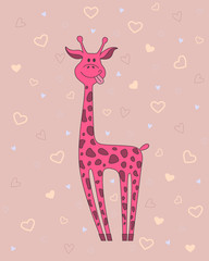 Fototapeta premium Vector illustration of giraffe on pink background with hearts
