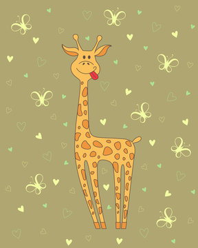 Vector  illustration of giraffe on background with hearts and butterflies