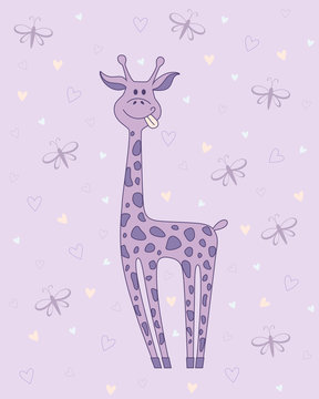 Vector  illustration of giraffe on violet background with hearts and butterflies