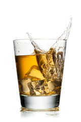 close-up image of apple juice and ice cubes.