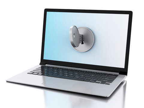 3d Laptop locked by key. Security concept.