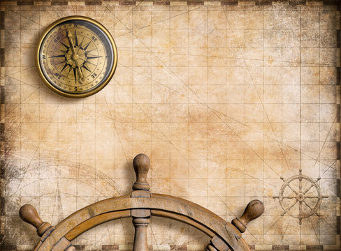 Fototapeta rocznik mapa morskie z kompasem 3d ilustracji