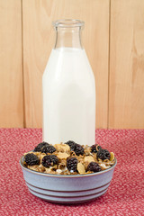 a bowl of cereal with blackberries and milk on the side