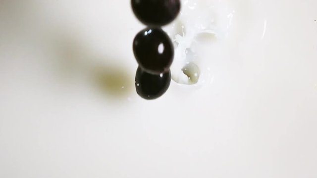 Berries of grape drop into the fresh white milk in slow motion. Shot on high-speed camera Sony RX 10 ii