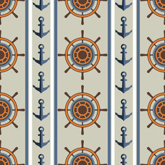 Marine pattern of anchors and steering wheel. Seamless vector