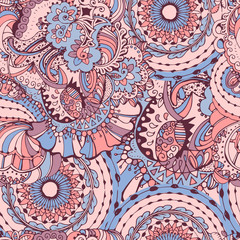 Rose Quartz and Serenity trendy colors of the year 2016 in the seamless pattern. Zentangle or doodle style ornament with mandalas and floral elements. 