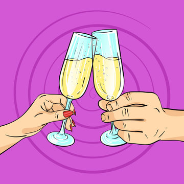 Vector hand drawn pop art illustration of man and woman hands. Glasses of champagne.