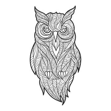 Vector monochrome hand drawn zentagle illustration of owl.