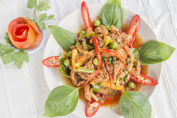 Stir Fried Wild Boar with Red Curry hot and spicy delicious Thai food.