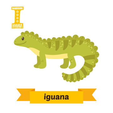 Iguana. I letter. Cute children animal alphabet in vector. Funny