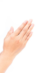 Woman hands praying on white background, religion concept