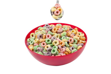 colorful cereal in red bowl