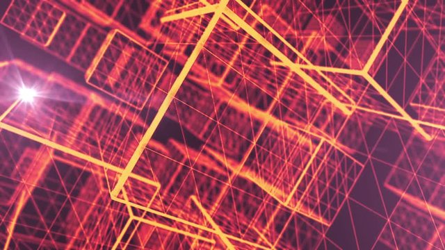 Seamless looping 3d animation of an abstract background with orange wireframe cubes