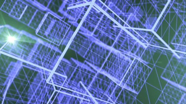 Seamless looping 3d animation of an abstract background with blue wireframe cubes