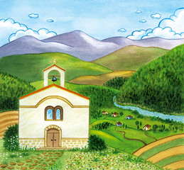 Countryside landscape with church and small village beside a river. Watercolor illustration.