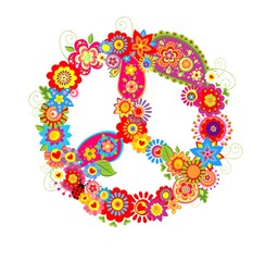 Peace flower symbol with poppies and paisley