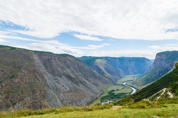 Chulyshman mountain valley from a height of Summer Rain River Falls