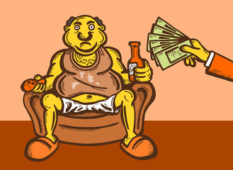 Naklejka premium Unconditional Basic Income - fat unemployed man is sitting in the chair and watching TV and drinking beer. Hand is giving him money, salary / welfare benefit. Cartoon illustration, yellow, orange.