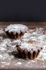 Chocolate muffins sprinkled with powdered sugar